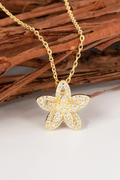 925 Ayar gümüş altın yaldızlı baget kesim zirkon taşlı sihirli döner çarklı lotus çiçeği kolye   SGTL13094GOLD ürün görseli 1