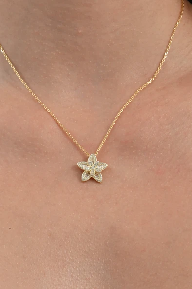 925 Ayar gümüş altın yaldızlı baget kesim zirkon taşlı sihirli döner çarklı lotus çiçeği kolye   SGTL13094GOLD - Resim 3