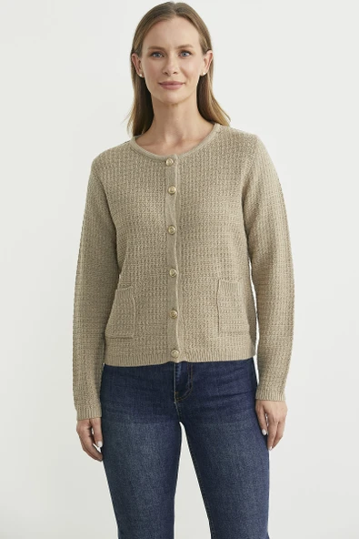 Dore Düğme Detaylı Yünlü Triko Hıırka - Bej ürün görseli