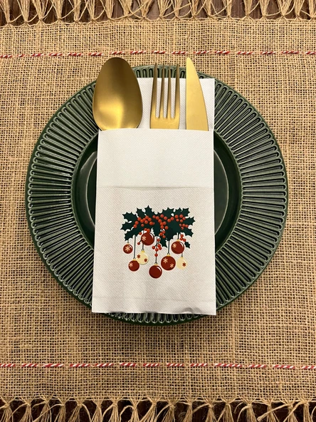 Yılbaşı Kokina Ve topları  Baskılı Yılbaşı Kanguru Cepli Peçete Beyaz12 Adet ürün görseli