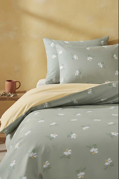 Yeşil Papatya Çift Kişilik Naturel İpeksi Nevresim Takımı - Resim 3
