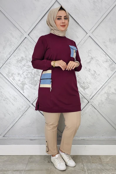 KADIN NERVÜR DİKİM TAŞ DETAYLI TESETTÜR TUNİK ürün görseli