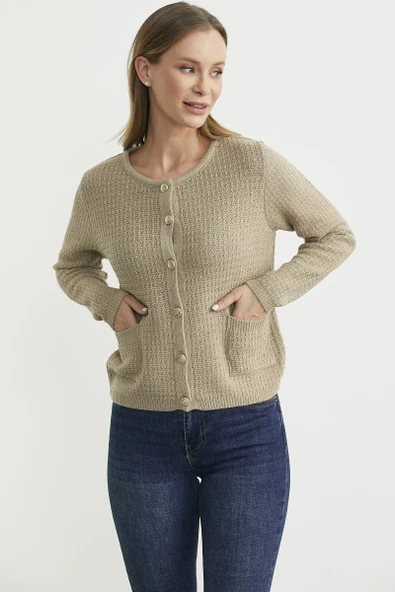 Dore Düğme Detaylı Yünlü Triko Hıırka - Bej - Resim 3