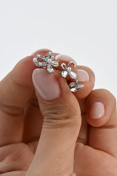 Gümüş rodyumlu zirkon taşlı incili kelebekler kombin küpe  SGTL13031RODAJ - Resim 2