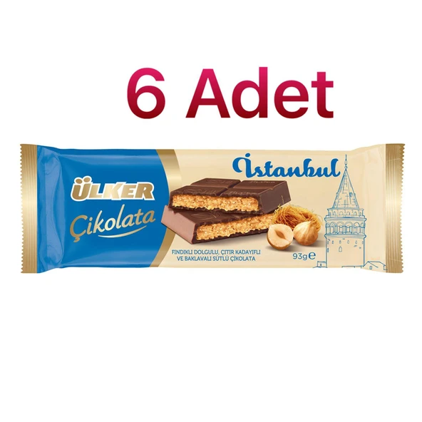 Ülker İstanbul Fındık Dolgulu Çıtır Kadayıflı Baklavalı Sütlü Çikolata 93 Gr 6 Adet ürün görseli
