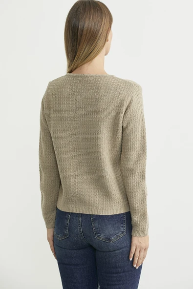 Dore Düğme Detaylı Yünlü Triko Hıırka - Bej - Resim 5