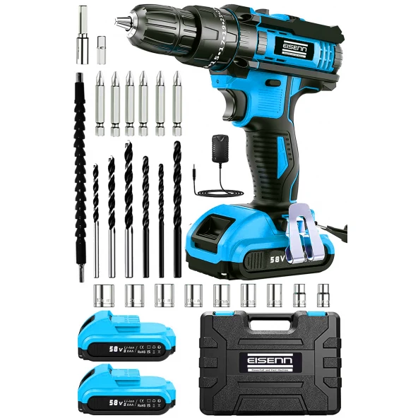 Eisenn Germany Technology S- COUPE 58 V 6 AH DARBELİ Metal Şanzıman Çift Akülü Vidalama Matkap 27 Pcs Set ürün görseli