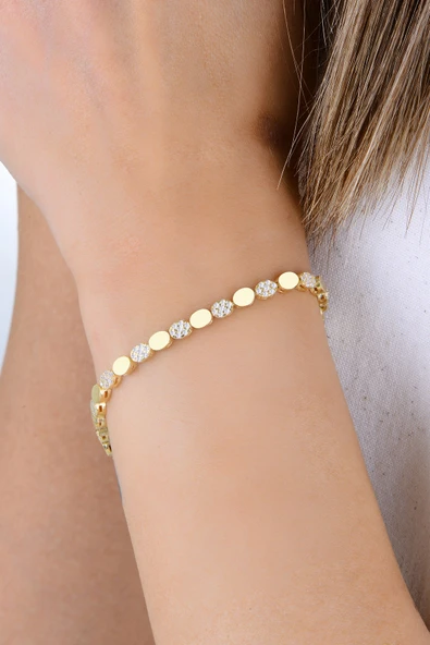 Gümüş altın yaldızlı zirkon taşlı oval şekilli zamansız zerafet bileklik SGTL12894GOLD - Resim 3