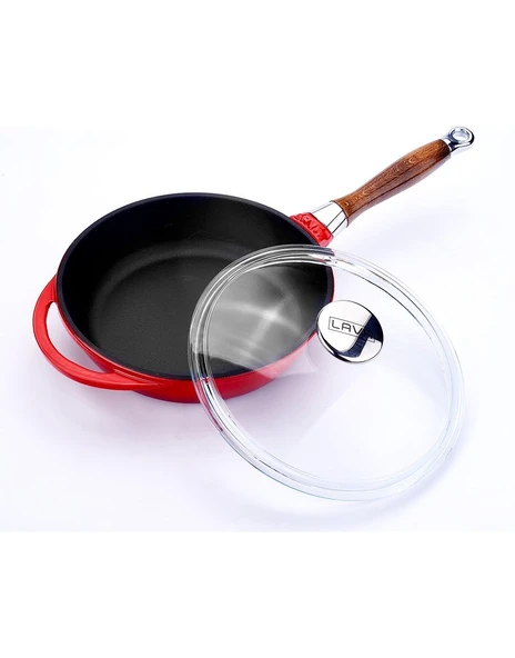 Lava Çıkarılabilir Saplı Cam Kapaklı Kırmızı 24 cm Demir Döküm Kızartma Tavası - Resim 2