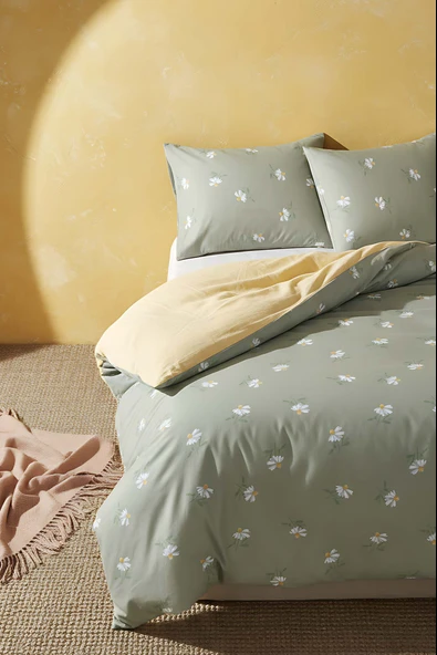 Yeşil Papatya Çift Kişilik Naturel İpeksi Nevresim Takımı - Resim 2
