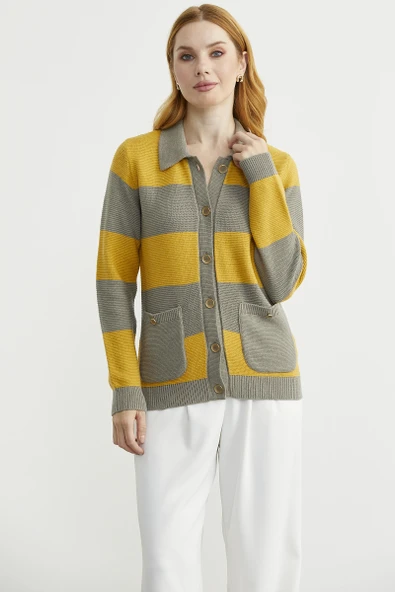 Yünlü Renk Çizgili Cepli Triko Hırka - Sütlü Kahve ürün görseli