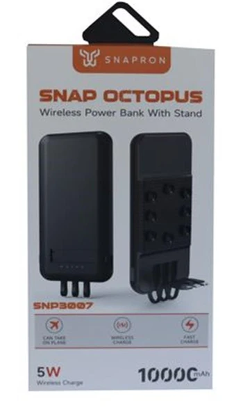 SnapMax SNP-3007 10.000 mah Siyah Vantuzlu Kablosuz ve 3in1 Kablolu Powerbank - Resim 2