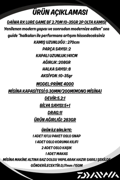 Daiwa RX Lure BF 270cm 10-35gr Oslo Prime 4000 8 Örgü Spin Olta Seti - Resim 2