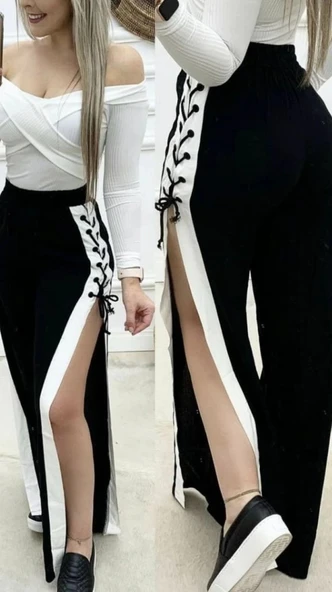 MDB Kadın Yüksek Bel Yandan çapraz Bağcıklı Yırtmaçlı Viskon Iki Iplik Pantolon - Resim 3