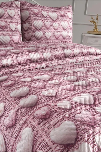 Kalpten Ultrasonik Kapitoneli 5D Baskılı Çift Kişilik Pike Takımı Pembe - Resim 3