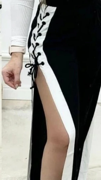 MDB Kadın Yüksek Bel Yandan çapraz Bağcıklı Yırtmaçlı Viskon Iki Iplik Pantolon - Resim 2