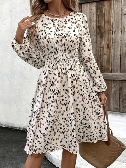 MDB Kadın Uzun Kollu Bot Yaka Beli Lastikli Midi Süprem Elbise - Resim 2