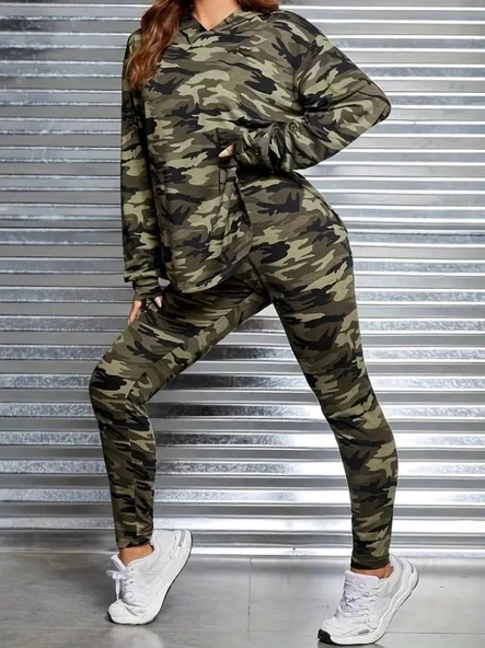 MDB Kadın Uzun Kollu Kapşonlu Kamuflaj Desenli Bluz Ve Pantolon Tayt Ikili Takım - Resim 4