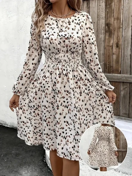 MDB Kadın Uzun Kollu Bot Yaka Beli Lastikli Midi Süprem Elbise - Resim 6