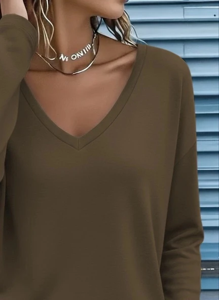 MDB Kadın Uzun Kollu V Yakalı Viskon Iki Iplik Bluz - Resim 2