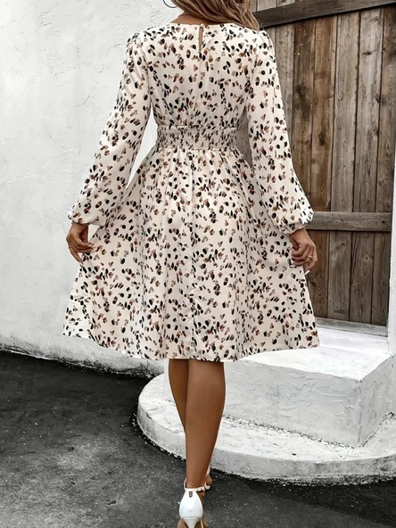 MDB Kadın Uzun Kollu Bot Yaka Beli Lastikli Midi Süprem Elbise - Resim 3