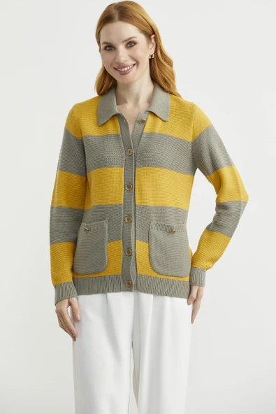 Yünlü Renk Çizgili Cepli Triko Hırka - Sütlü Kahve - Resim 2