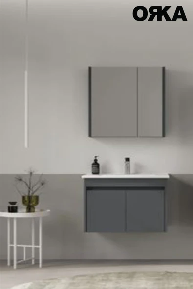 ORKA Side 65 cm Mat Antrasit Kapaklı Banyo Dolabı  Lavabo ve Ayna Dahil, Dayanıklı MDFLAM Yapı - Resim 2