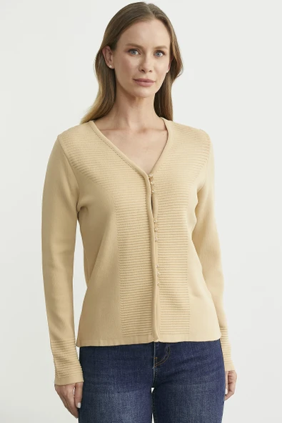 Düğme Kapamalı V Yaka Triko Hırka - Bej - Resim 2
