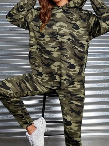 MDB Kadın Uzun Kollu Kapşonlu Kamuflaj Desenli Bluz Ve Pantolon Tayt Ikili Takım - Resim 3