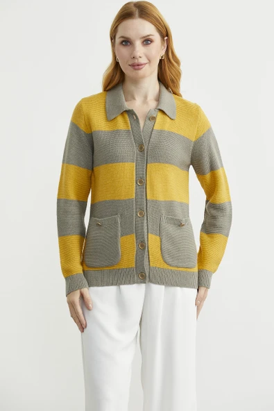 Yünlü Renk Çizgili Cepli Triko Hırka - Sütlü Kahve - Resim 3