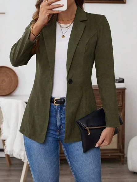 MDB Kadın Uzun Kollu Yakalı Tek Düğmeli Süet Ceket - Resim 2