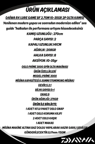Daiwa RX Lure BF 270cm 10-35gr Oslo Prime 3000 8 Örgü Spin Olta Seti - Resim 2