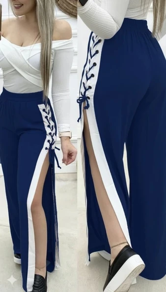 MDB Kadın Yüksek Bel Yandan çapraz Bağcıklı Yırtmaçlı Viskon Iki Iplik Pantolon - Resim 3