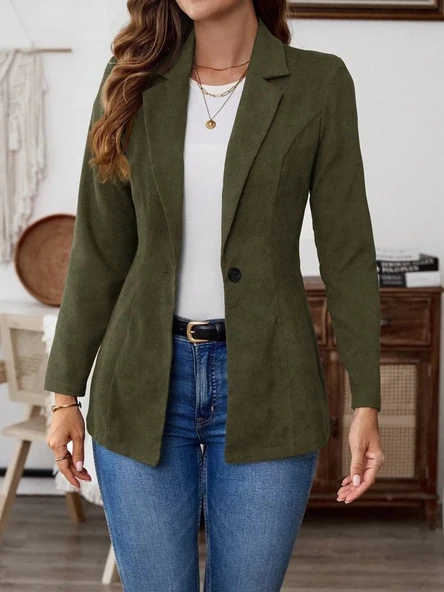 MDB Kadın Uzun Kollu Yakalı Tek Düğmeli Süet Ceket - Resim 3