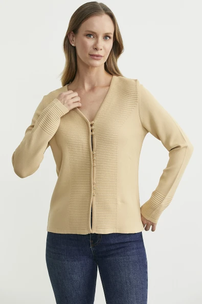 Düğme Kapamalı V Yaka Triko Hırka - Bej - Resim 3