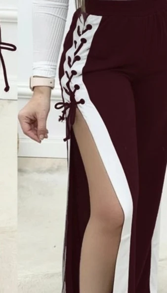 MDB Kadın Yüksek Bel Yandan çapraz Bağcıklı Yırtmaçlı Viskon Iki Iplik Pantolon - Resim 2