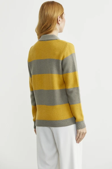 Yünlü Renk Çizgili Cepli Triko Hırka - Sütlü Kahve - Resim 5