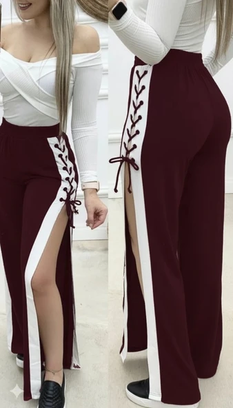 MDB Kadın Yüksek Bel Yandan çapraz Bağcıklı Yırtmaçlı Viskon Iki Iplik Pantolon - Resim 3