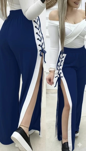 MDB Kadın Yüksek Bel Yandan çapraz Bağcıklı Yırtmaçlı Viskon Iki Iplik Pantolon ürün görseli 1