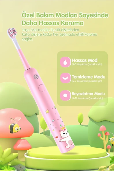 NPO Nicefeel X500 Çocuklar için Dakikada 39600 Titreşim,Şarjlı Sonic Profesyonel Diş Fırçası-Pembe - Resim 7