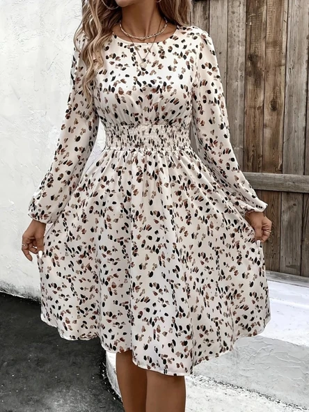 MDB Kadın Uzun Kollu Bot Yaka Beli Lastikli Midi Süprem Elbise - Resim 4