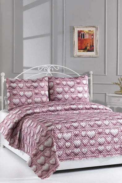 Kalpten Ultrasonik Kapitoneli 5D Baskılı Çift Kişilik Pike Takımı Pembe ürün görseli