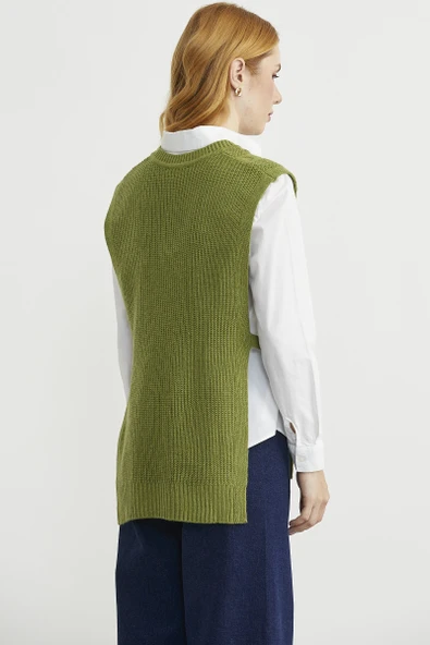 Yanları Bağlama Detaylı Yünlü Triko Süveter - Yeşil - Resim 5