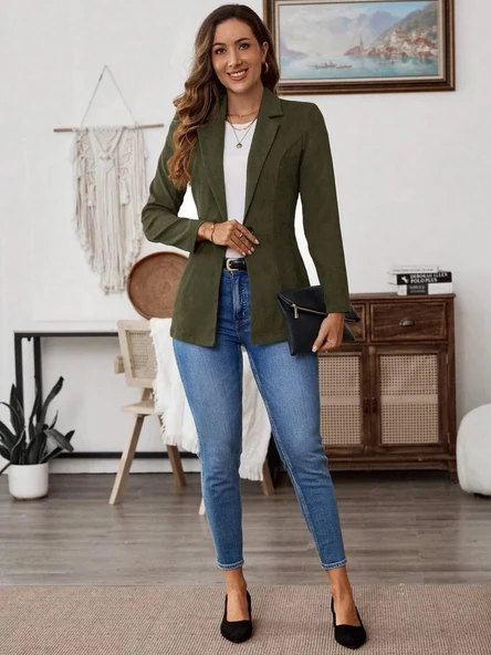 MDB Kadın Uzun Kollu Yakalı Tek Düğmeli Süet Ceket - Resim 5