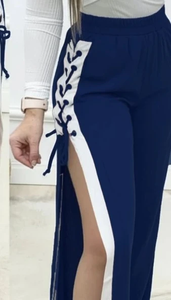 MDB Kadın Yüksek Bel Yandan çapraz Bağcıklı Yırtmaçlı Viskon Iki Iplik Pantolon - Resim 2