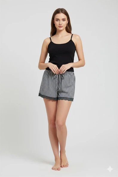 Çizgili Penye Kadın Ev Şortu Bacak Dantel Detaylı Ev Giyim Siyah ürün görseli 1