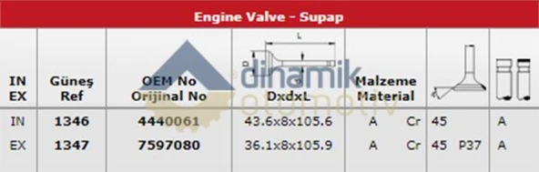 Tofas Subap Takımı Tempra 2,0 8v (in 4 / Ex 4) - Gunes 1346-1347 ürün görseli 1