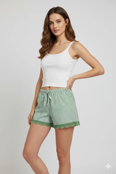 Çizgili Penye Kadın Ev Şortu Bacak Dantel Detaylı Ev Giyim Yeşil ürün görseli 1