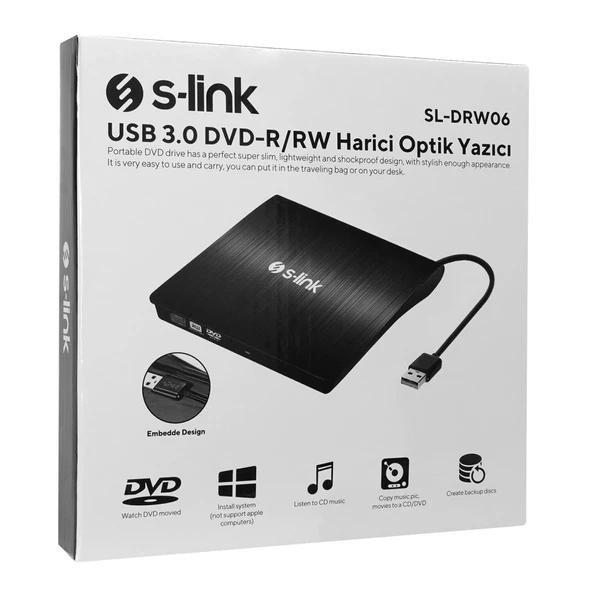 S-lınk Sl-drw06, Usb 3.0, External, Siyah, Slim, Cd-r/dvd-r/rw Optik Okuyucu/yazıcı - Resim 4