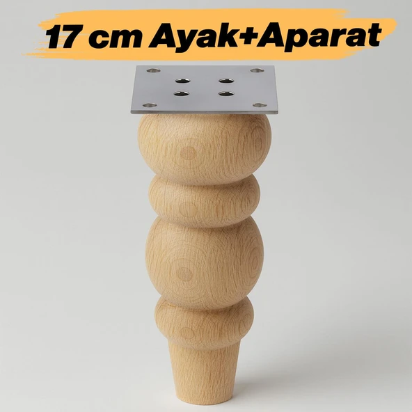 Boyasız Ham Doğal Ahşap Ayak Silindir Mobilya Koltuk Kanepe Ayağı Metal Aparat Dahil Bohem 17 cm ürün görseli